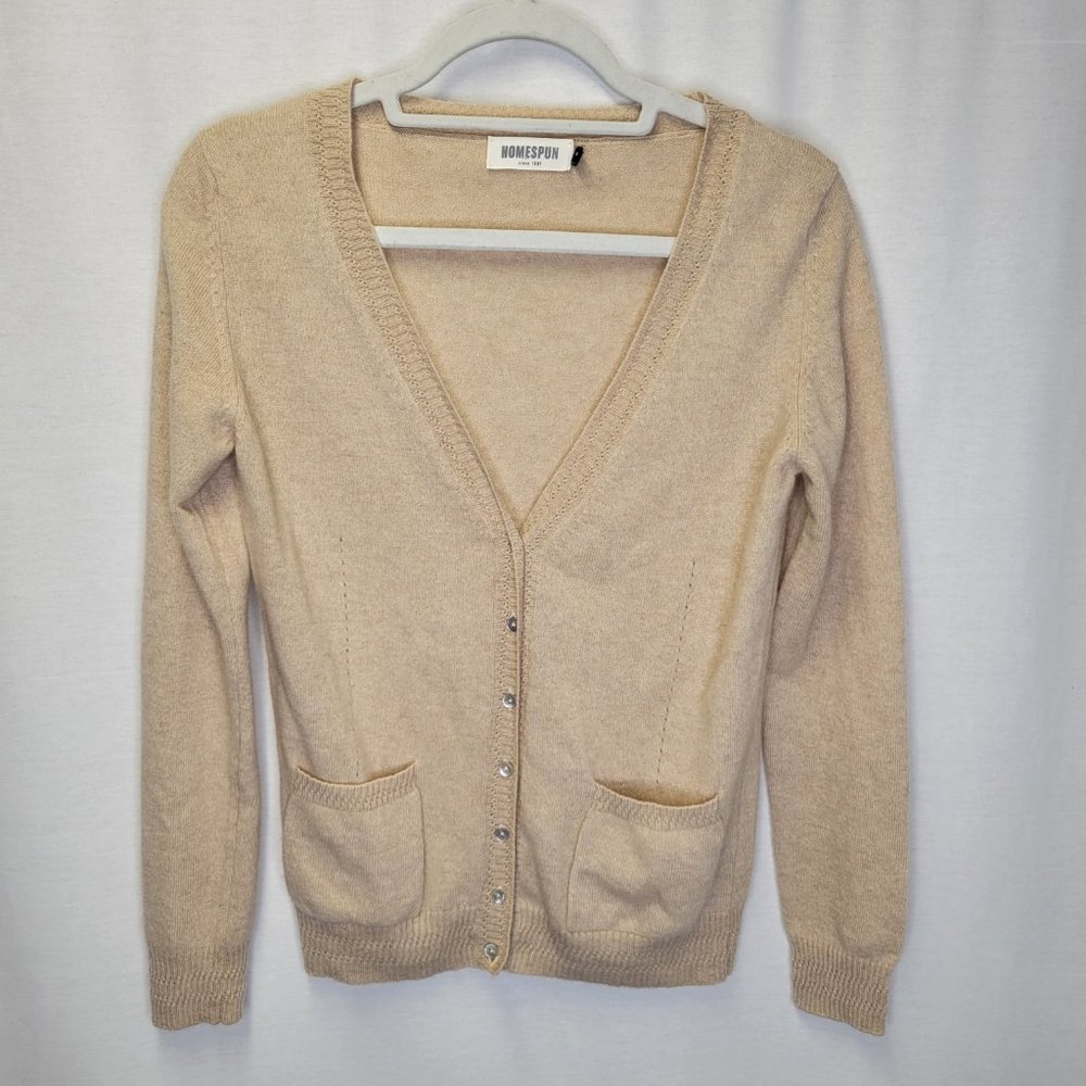 Homespun Women's Small Cardigan Sweater Cashmere Tan Vneck Pockets